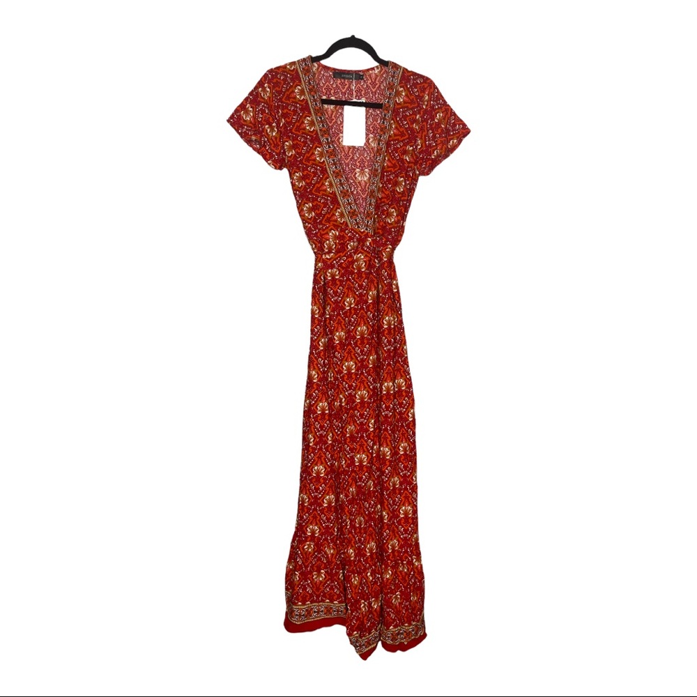 Women's Bohemian Floral Printed Wrap V Neck Short Sleeve Split Beach Maxi Dress